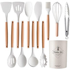 12 Pcs Silicone Cooking Utensils Kitchen Utensil Set | Heat Resistant Kitchen Non Toxic Spatula Set With Turner Tongs,spoon,brush,whisk-wooden Handle