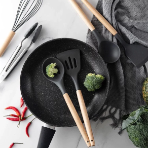 12 Pcs Silicone Cooking Utensils Kitchen Utensil Set | Heat Resistant Kitchen Non Toxic Spatula Set With Turner Tongs,spoon,brush,whisk-wooden Handle