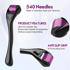 Derma Roller 0.5mm with 540 Micro Needle for Hair Growth and Facial Skin Therapy| Skin Care Beauty Tool for Anti-Aging Skin Repair, Anti Wrinkles Stretch, and Acne Scars Removal for Men and Women